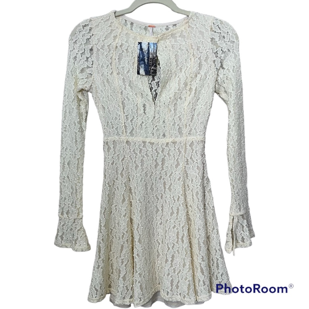 Free People Vintage Ivory Boho Lace Open Front Dress Rare XS Nwt